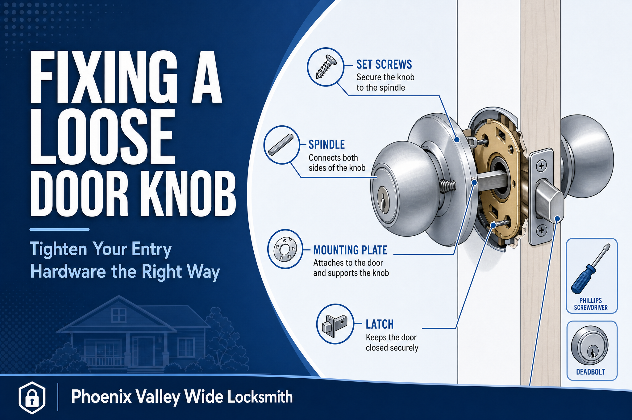 Infographic showing how to fix a loose door knob and tighten entry hardware