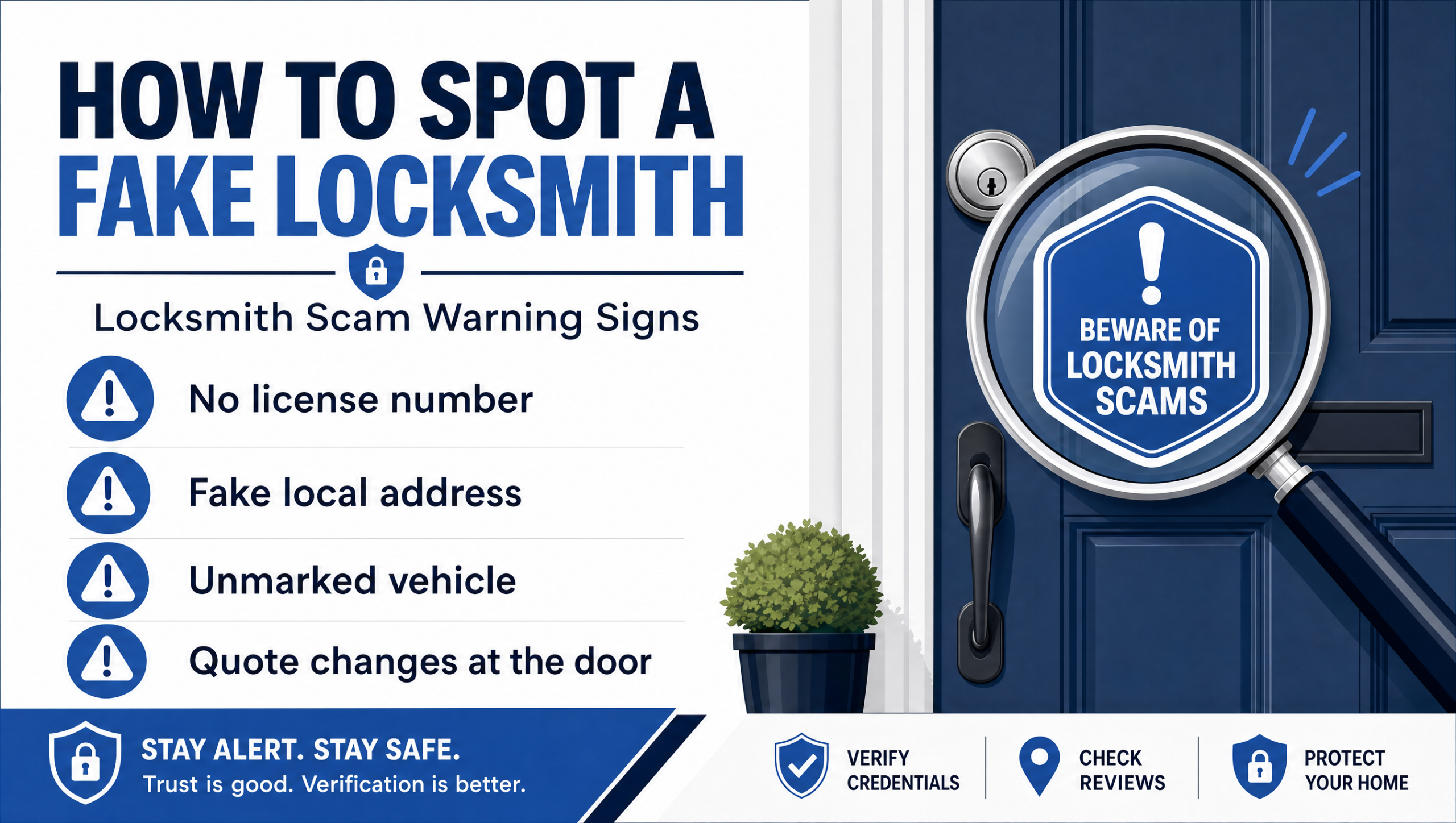 Infographic listing locksmith scam warning signs to spot a fake locksmith