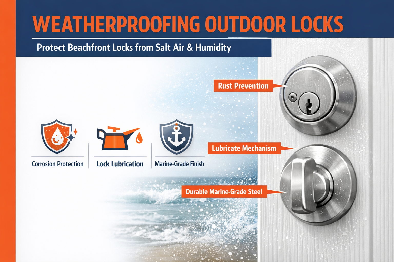 Weatherproofing outdoor locks against salt air and humidity on a beachfront door