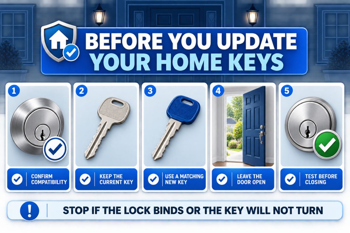 Infographic showing the tools and checks needed to rekey a compatible residential lock