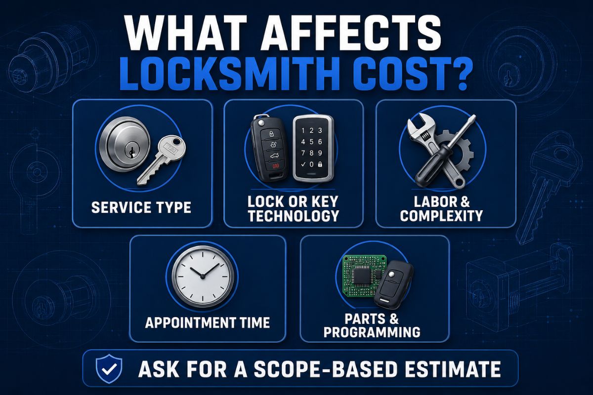 Infographic explaining the five main factors that affect locksmith cost: service type, lock or key technology, labor and complexity, appointment time, and parts and programming